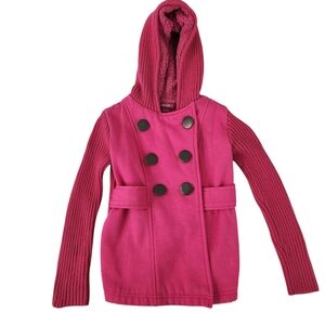 Girls Vibrant Pink Hooded Jacket Medium 8-10 Sweatshirt Sweater Button Up Coat